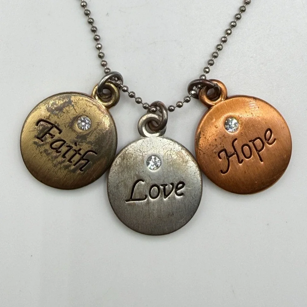 Faith Love Hope Rhinestone Charm Pendant Necklace Mixed Metal Inspirational Gift